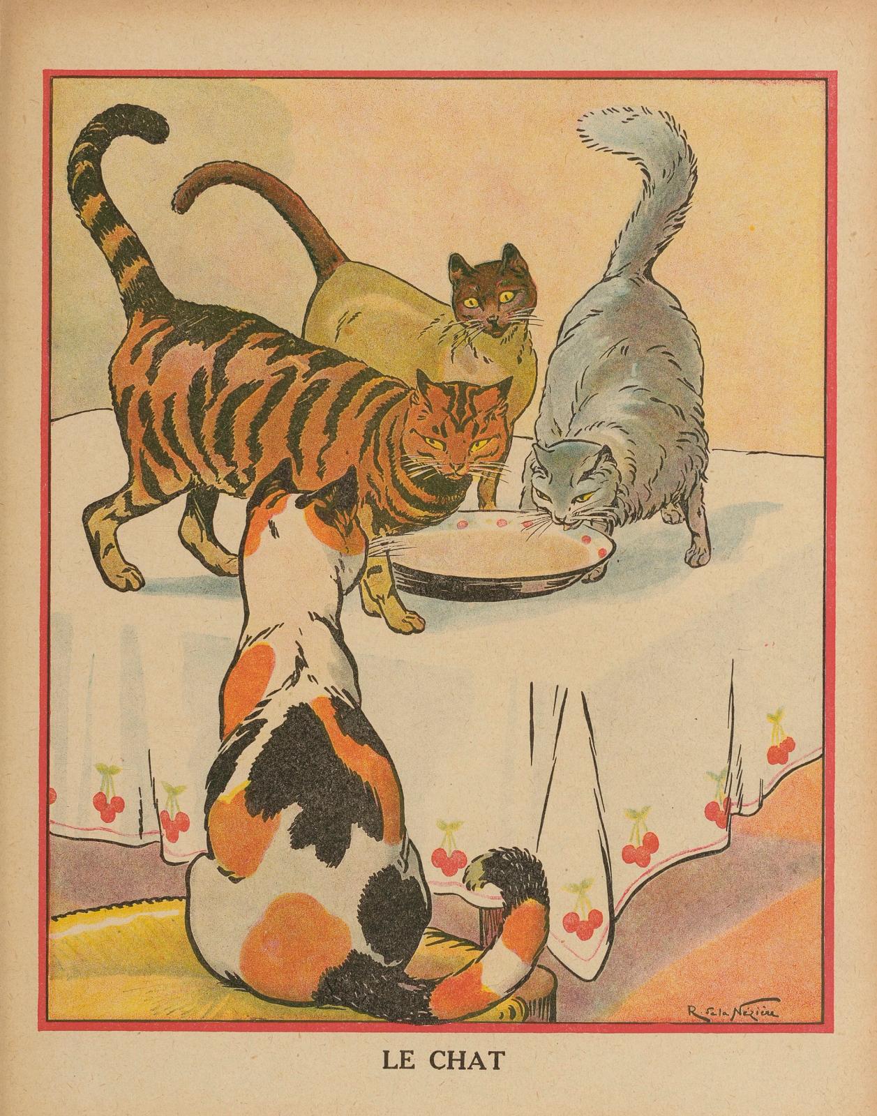 Vintage illustration of four cats around a milk bowl - striped, calico, and gray cats in warm earth tones