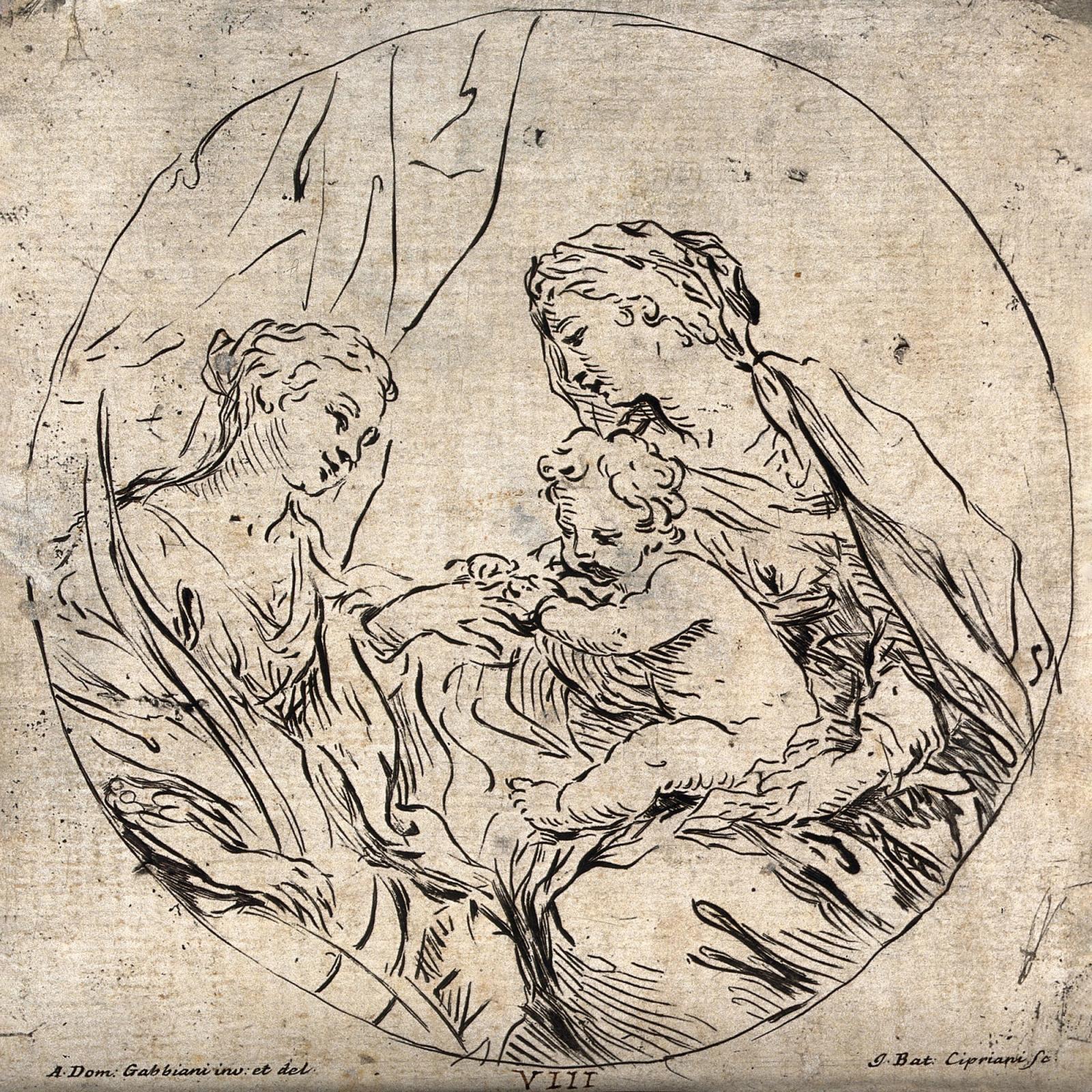 Saint Mary (the Blessed Virgin) with the Christ Child and Saint Catherine of Alexandria. Etching by G.B. Cipriani after A.D. Gabbiani.