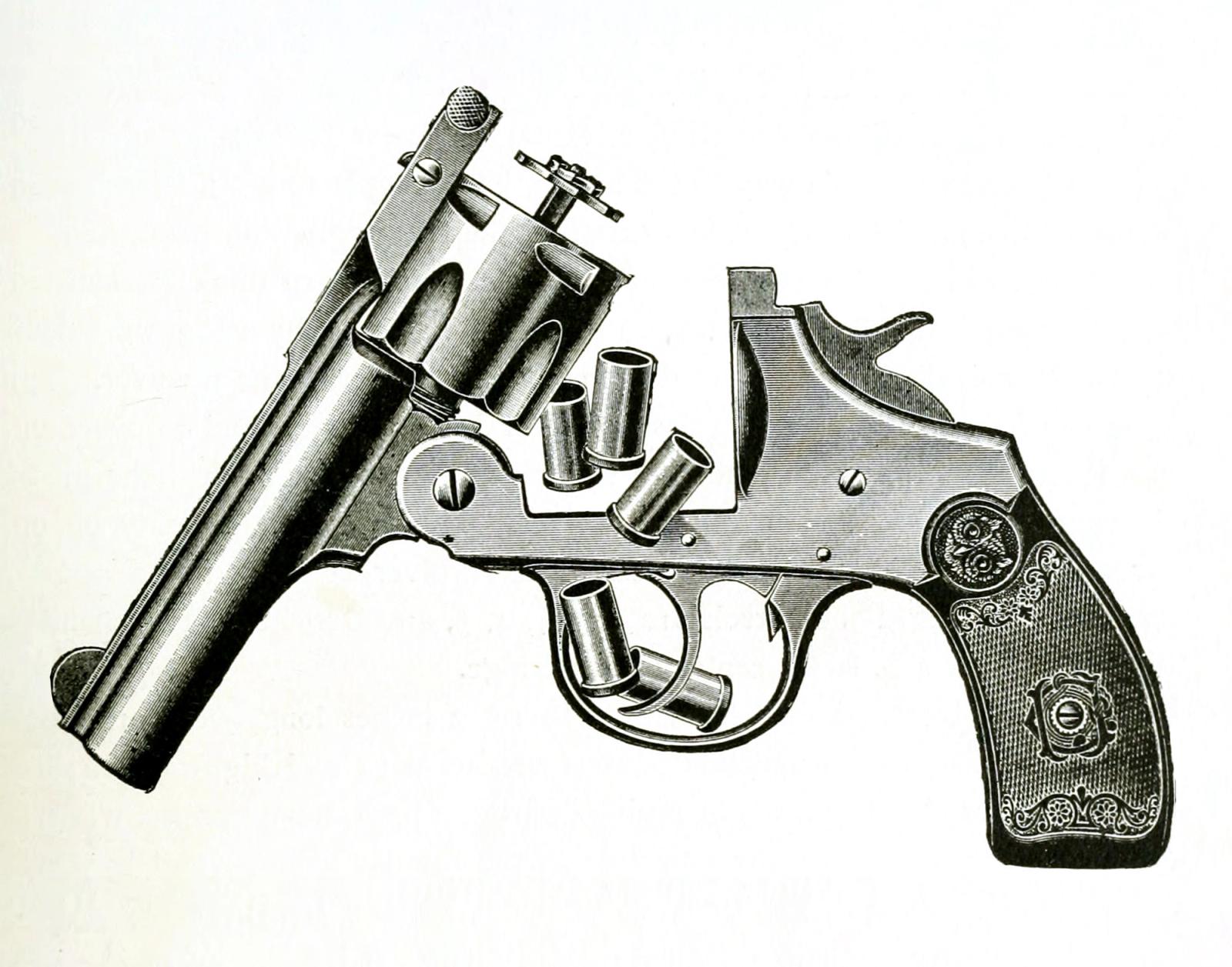 Detailed black and white technical illustration of a revolver handgun with cylinder open showing internal mechanism