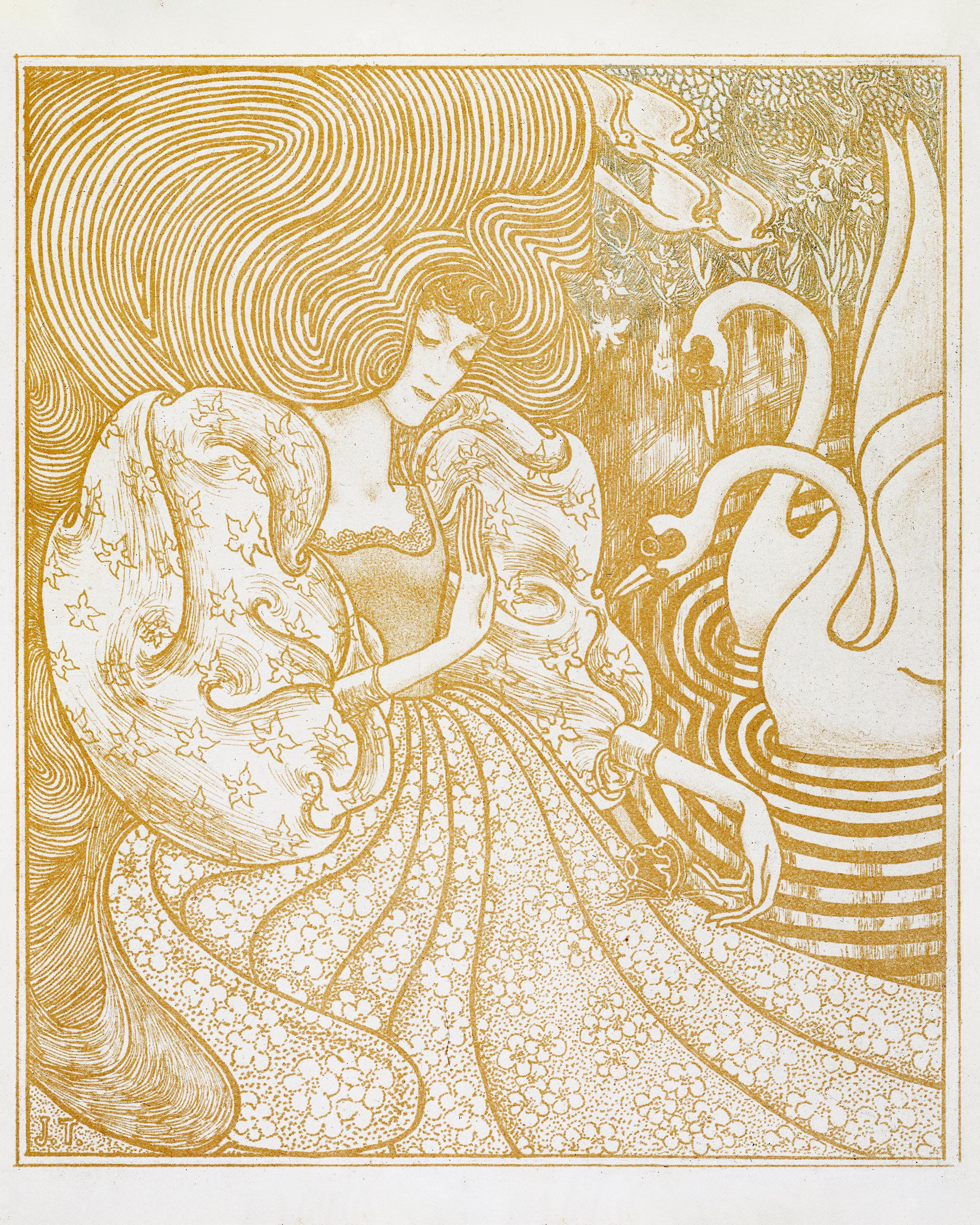 Woman with a Butterfly at a Pond with Two Swans