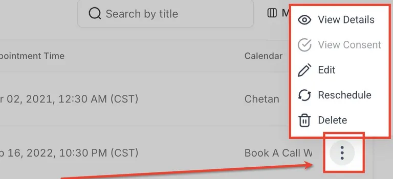 Appointment row menu showing View Details and the three-dot control used to open it.