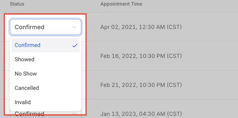 Appointment Status menu showing Confirmed, Showed, No Show, Cancelled and Invalid.