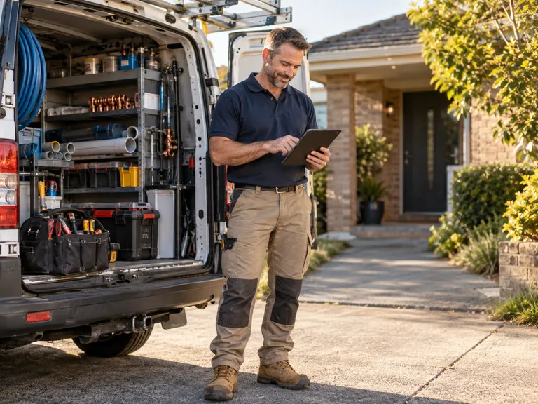 A plumber reviewing a tablet beside his service van before the next visit.