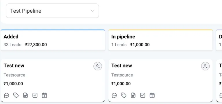 Pipeline selector above a stage column and an opportunity card. The test names and currency belong to the platform example.