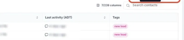 Contact list with Search contacts at the upper right. Example record details are obscured in the source screenshot.