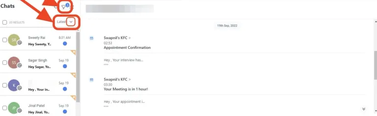 Customer conversations listed on the left, with the selected conversation’s dated messages on the right.