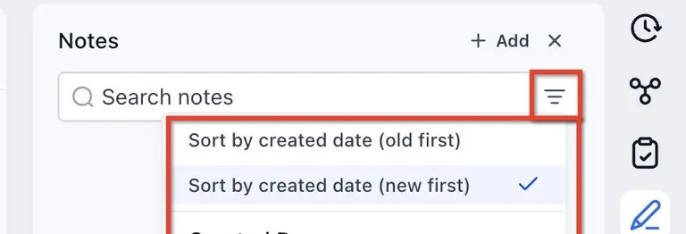 Notes panel showing Search notes and the menu option Sort by created date (new first).