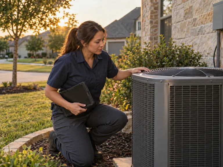 An HVAC technician with a tablet beside a residential outdoor air-conditioning unit.