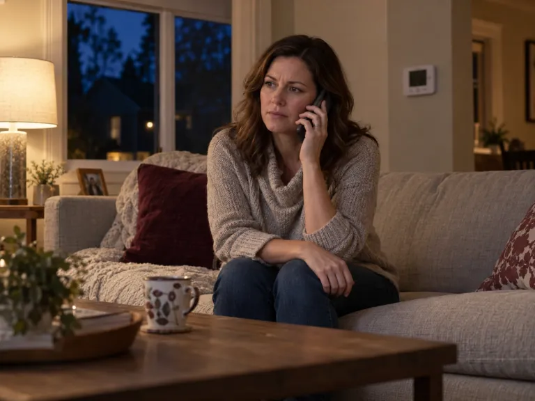 A homeowner calling for help from her living room after sunset.