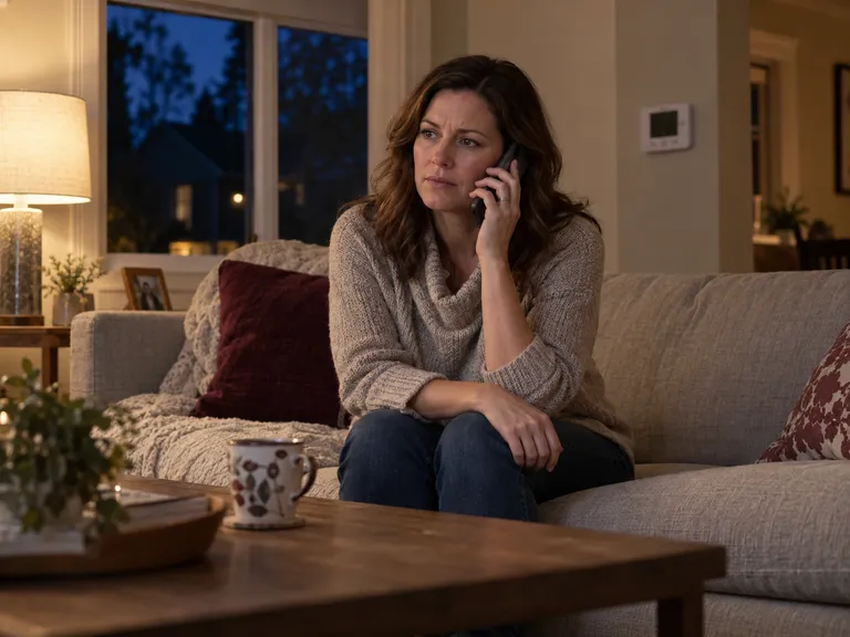 A homeowner calling for help from her living room after sunset.