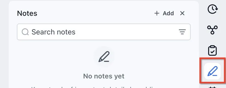 Contact record with the Notes pen icon outlined in red on the right-hand toolbar.