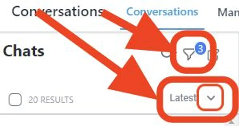 Conversation list with the funnel filter icon and Latest sorting control highlighted.