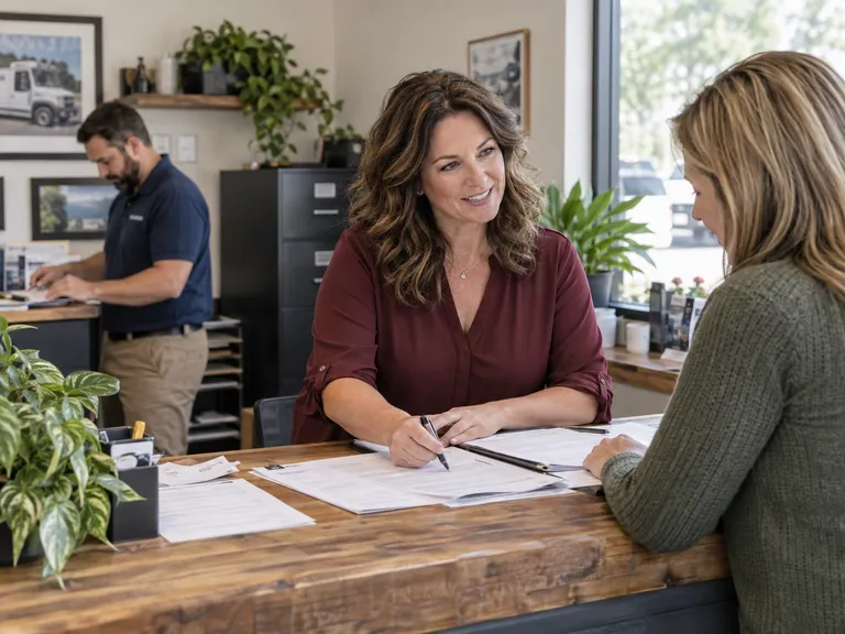 A small-business team helping a customer and working on service requests.