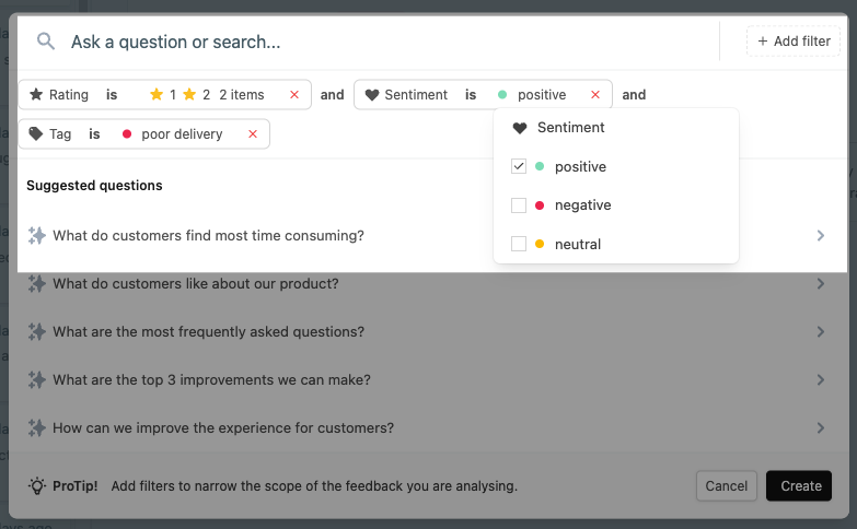 Filter feedback by ranking and sentiment