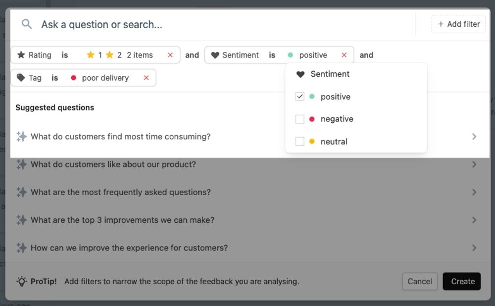 Filter feedback by ranking and sentiment