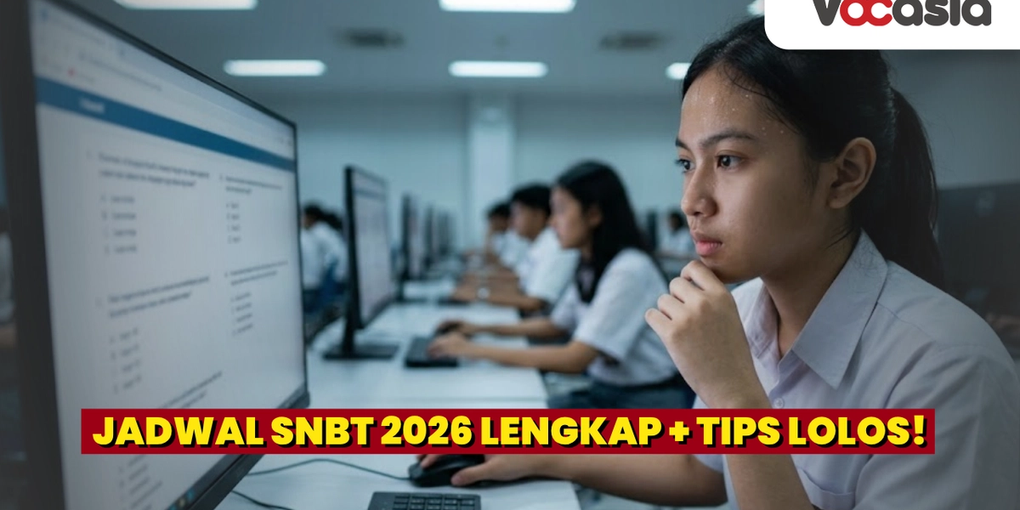 Siswi SMA berseragam sedang fokus mengerjakan soal ujian UTBK SNBT di depan komputer dalam ruang lab.
