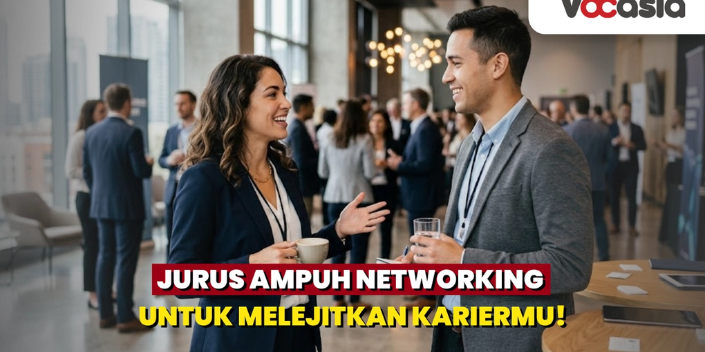 Dua orang profesional berpakaian rapi sedang berbincang hangat di acara networking bisnis untuk memperluas relasi dan peluang karier.
