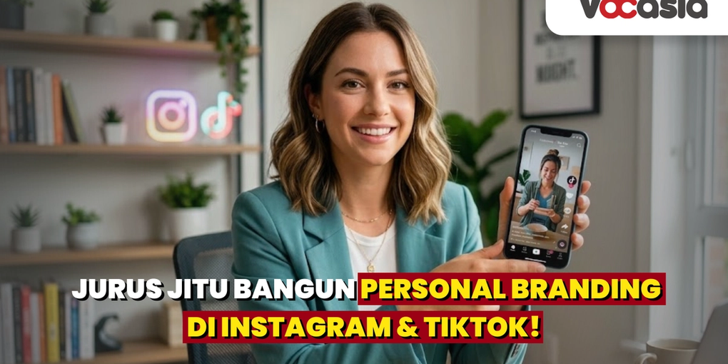 Wanita profesional tersenyum menunjukkan konten media sosial di layar HP, ilustrasi membangun personal branding di Instagram dan TikTok.