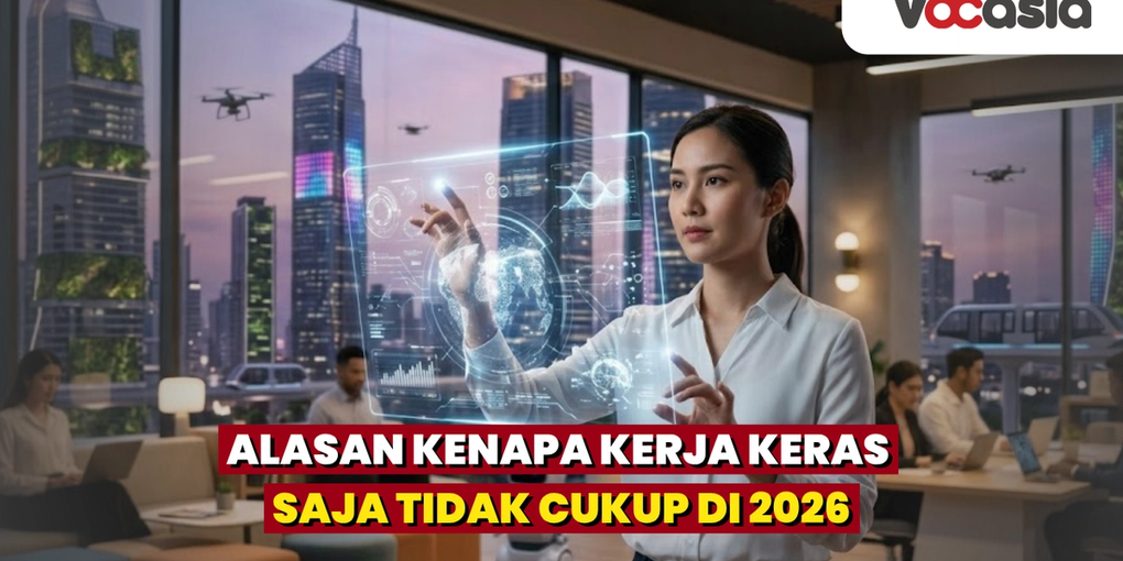 Profesional wanita bekerja cerdas menggunakan layar hologram interaktif dan teknologi AI di kantor futuristik tahun 2026.