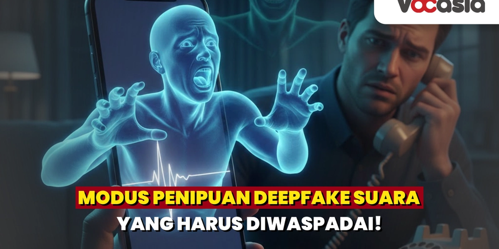 Ilustrasi realistis pria menerima telepon dengan ekspresi panik, menghadapi visualisasi hologram digital dari ponsel yang menggambarkan modus penipuan deepfake suara atau AI voice cloning.