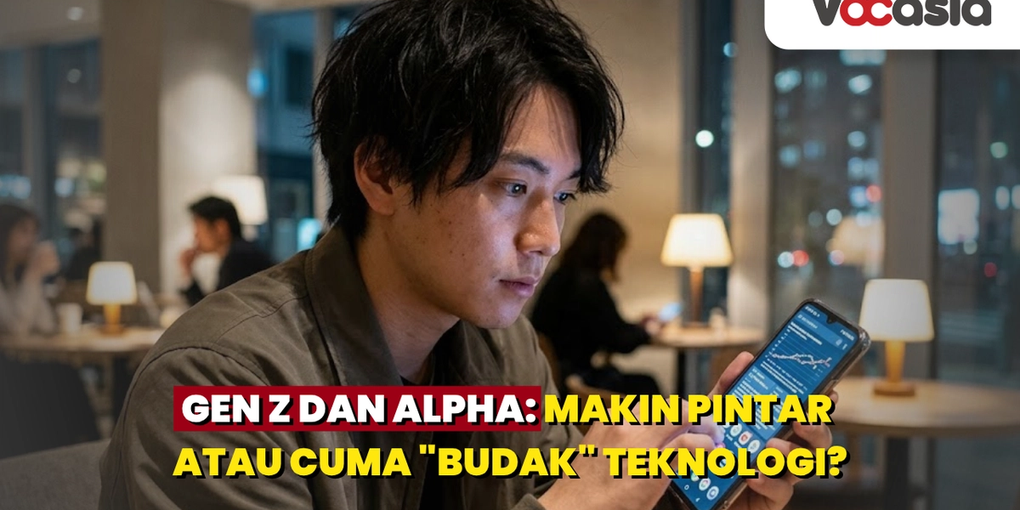 Pemuda generasi Z sedang fokus menggunakan smartphone di kafe, mengilustrasikan ketergantungan generasi sekarang pada teknologi digital.