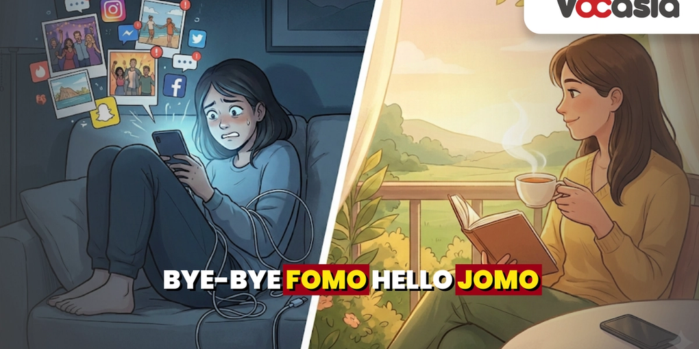 Ilustrasi split-screen yang kontras membandingkan FOMO dan JOMO. Sisi kiri bernuansa gelap menampilkan seorang wanita yang cemas menatap layar ponsel dengan banyak notifikasi melayang dan kabel kusut. Sisi kanan bernuansa hangat dan terang menampilkan wanita yang sama terlihat damai dan tersenyum sambil membaca buku dan memegang cangkir teh di dekat jendela yang asri, dengan ponsel diletakkan menjauh di atas meja.