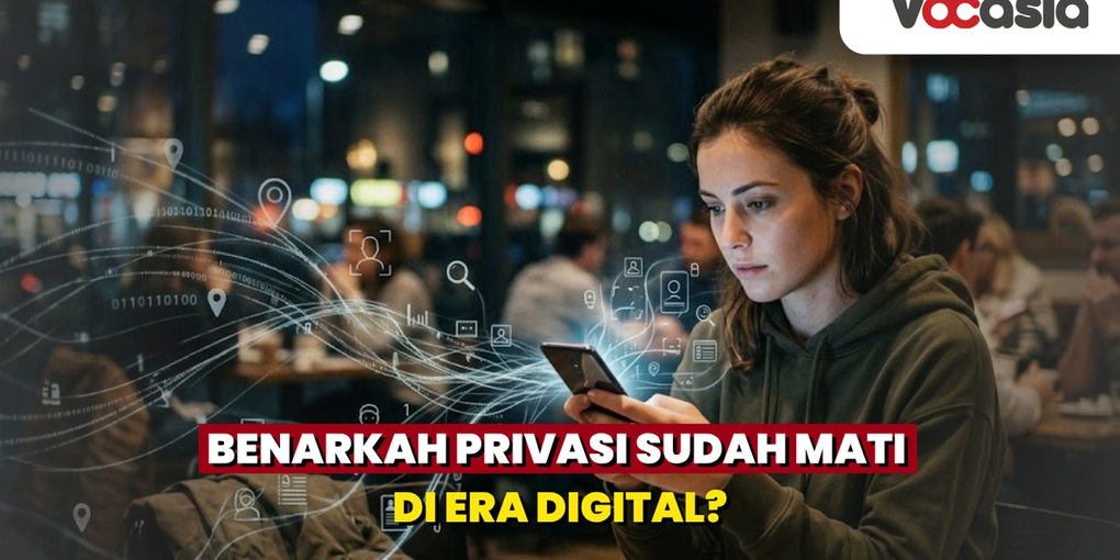 Wanita menggunakan smartphone di kafe dengan visualisasi aliran data digital yang melambangkan jejak online dan privasi digital.