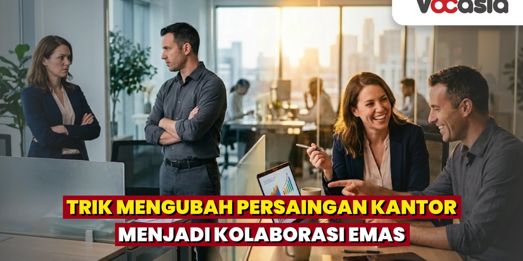 Sekelompok karyawan melakukan diskusi di ruang kantor modern dengan laptop dan grafik presentasi, menggambarkan strategi mengubah persaingan kerja menjadi kolaborasi tim yang efektif, produktif, dan harmonis dalam lingkungan profesional.