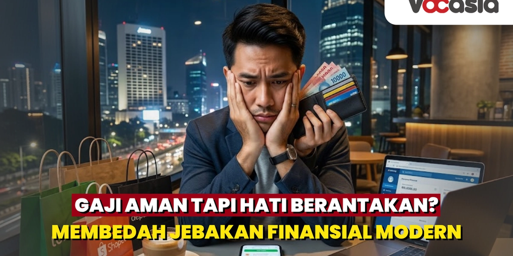 Pria pekerja kantoran yang tampak stres memegang dompet dan dikelilingi tas belanja, tagihan, serta laptop, menggambarkan masalah finansial modern.
