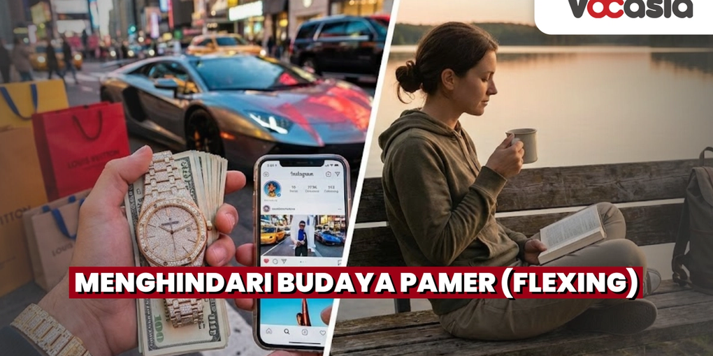 Gambar perbandingan dua gaya hidup: sisi kiri menampilkan budaya pamer dengan tangan memegang tumpukan uang, jam tangan mewah, dan media sosial berlatar mobil sport dan tas belanja; sisi kanan menampilkan hidup tenang dengan seorang wanita bersantai membaca buku dan menikmati minuman hangat di tepi danau.