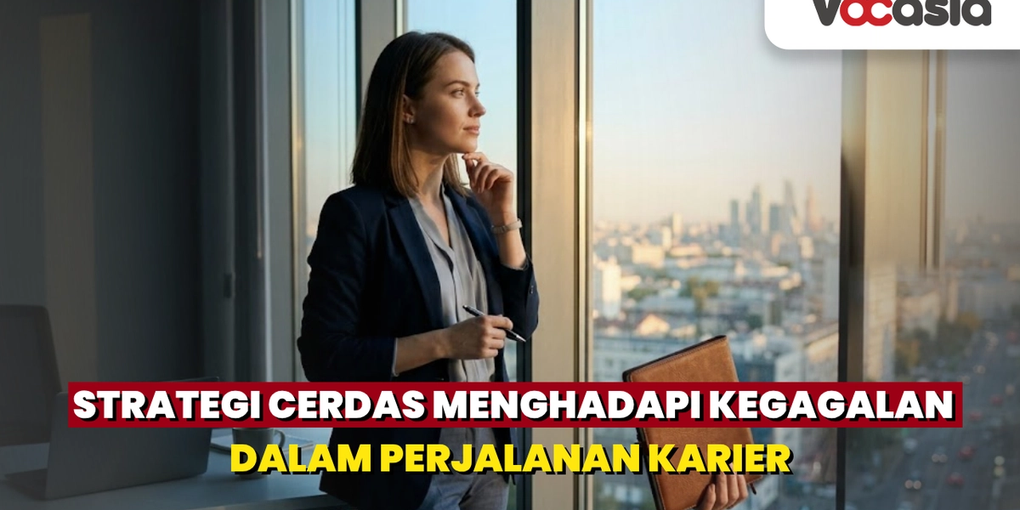 Seorang wanita profesional bisnis yang sukses mengenakan blazer, berdiri di kantor modern dengan pemandangan gedung pencakar langit kota saat matahari terbit, sedang merenung dan memegang buku catatan untuk perencanaan karir atau bisnis yang efektif.