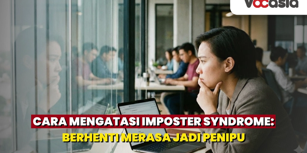 eorang pekerja profesional tampak merenung melihat pantulan dirinya di jendela kaca kantor, meskipun layar laptopnya menampilkan ucapan selamat, menggambarkan perasaan imposter syndrome dan keraguan diri di tempat kerja.