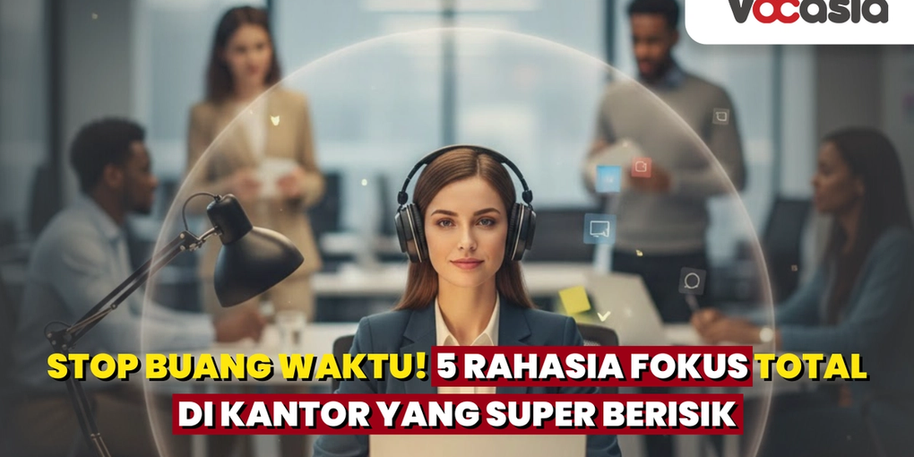 Wanita bekerja dengan tenang di tengah lingkungan kantor yang sibuk dan penuh gangguan.