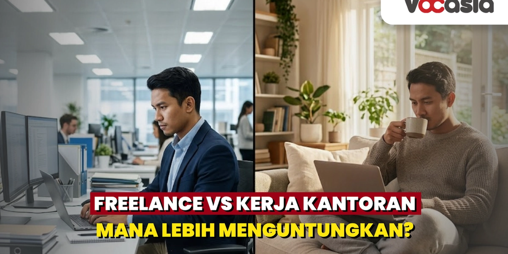 Sebuah gambar split-screen membandingkan kerja kantoran dan freelance. Sisi kiri menampilkan seorang pria Asia berjas navy di kantor modern yang sibuk, mengetik di laptop. Sisi kanan menampilkan pria yang sama bekerja jarak jauh dari rumah dengan santai di sofa sambil minum kopi. Ilustrasi visual untuk artikel Karir & Gaya Hidup tentang pilihan gaya kerja.