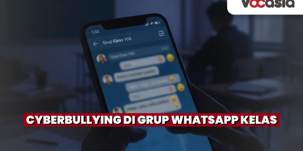 Thumbnail bertema cyberbullying di grup WhatsApp kelas, menampilkan tangan seseorang memegang smartphone dengan tampilan chat yang diblur, berlatar belakang ruang kelas yang gelap dan dramatis