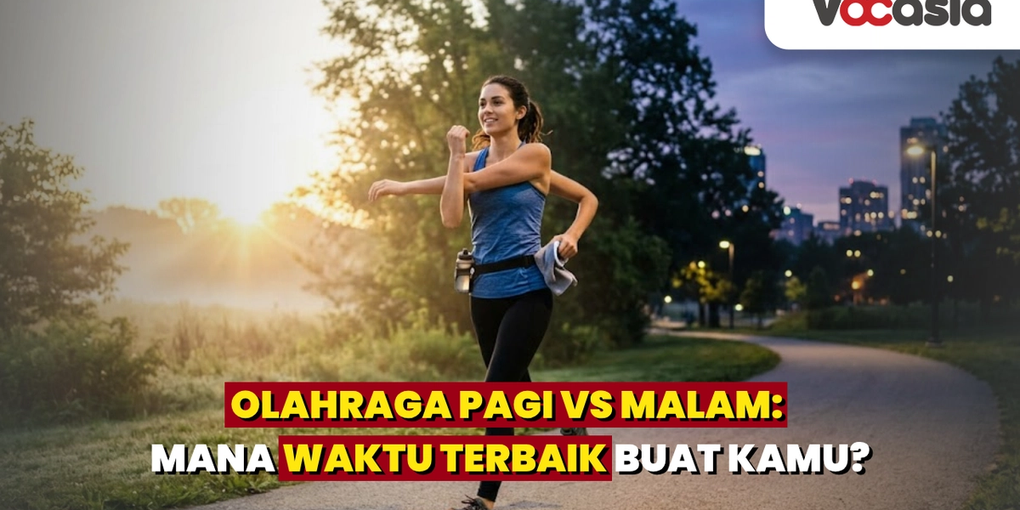 Perbandingan visual waktu terbaik untuk berolahraga antara pagi hari saat matahari terbit dan malam hari dengan suasana lampu kota, menampilkan seorang wanita sedang berlari di jalur taman.