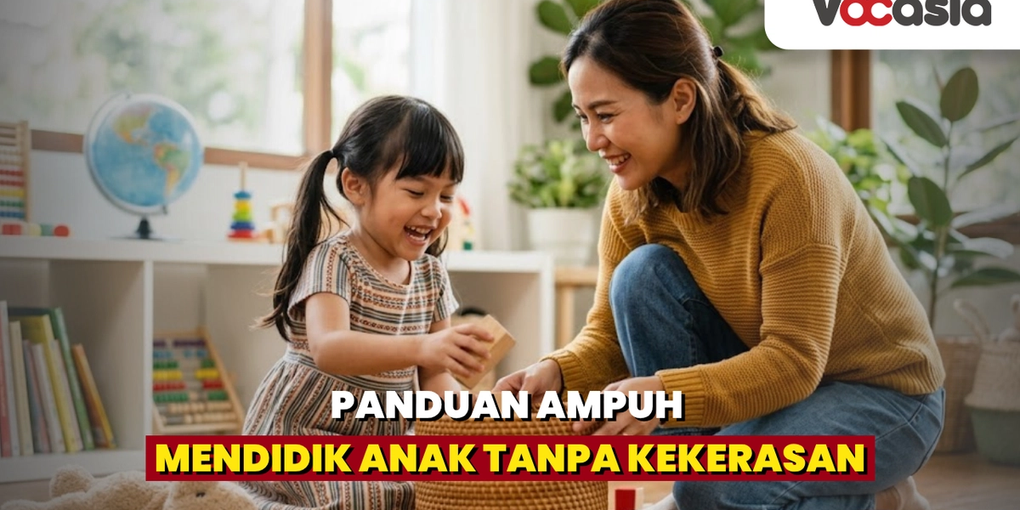 Ibu sedang mengajarkan disiplin kepada anak dengan cara merapikan mainan bersama di ruang tamu yang cerah dan nyaman.