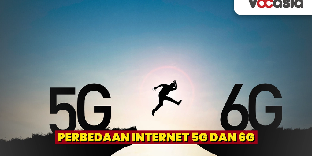 ilustrasi perbandingan teknologi internet yang menampilkan siluet seseorang melompat dari tebing bertuliskan '5G' menuju tebing bertuliskan '6G' dengan latar belakang langit cerah.