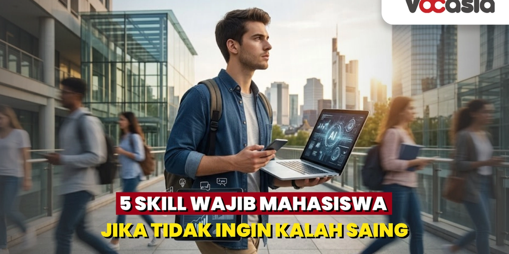Mahasiswa modern membawa laptop dengan tampilan teknologi AI berjalan dengan percaya diri di kawasan bisnis yang sibuk.