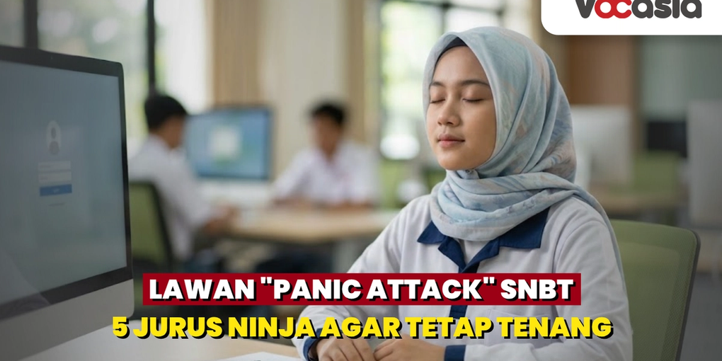 Peserta ujian SNBT berhijab memejamkan mata dan menarik napas dalam untuk mengatasi nervous di depan layar komputer.
