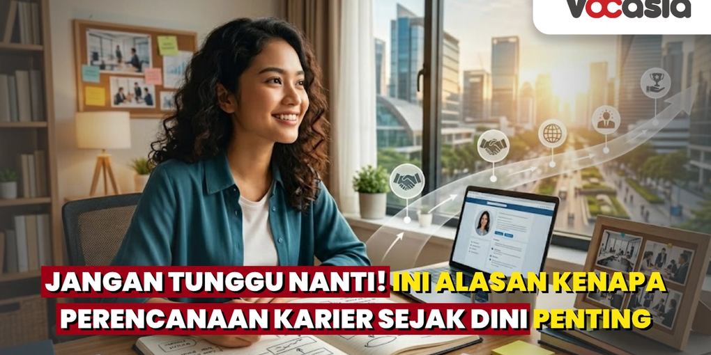Seorang wanita muda duduk di meja kerja yang terang, tersenyum dan melihat ke luar jendela besar ke pemandangan kota modern saat matahari terbit. Dia sedang menulis di buku catatan di depannya, dengan laptop yang menampilkan profil karier dan diagram alur bercahaya berisi ikon-ikon sukses yang muncul dari meja, melambangkan perencanaan dan pencapaian tujuan karier.