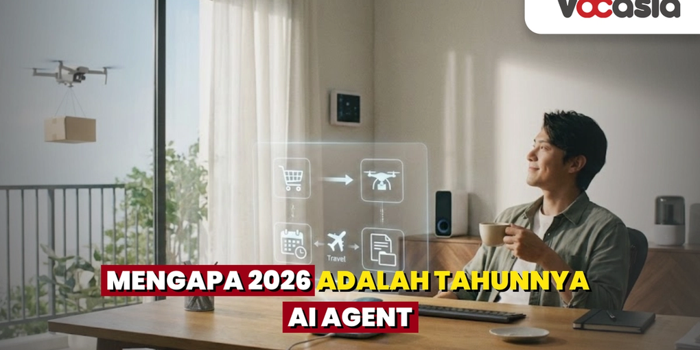 Ilustrasi seorang pria yang sedang bersantai meminum kopi di ruang kerja modern tahun 2026, sementara AI Agent berbentuk hologram di depannya mengurus tugas-tugas seperti belanja online dan pengaturan jadwal perjalanan secara otomatis, dengan latar belakang drone pengantar paket di luar jendela.
