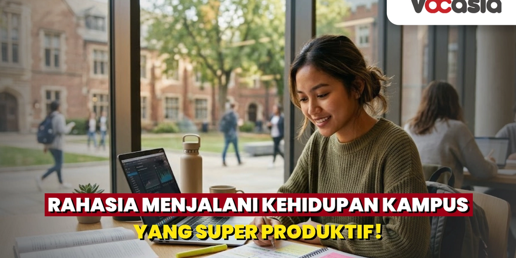 Mahasiswi produktif sedang tersenyum sambil belajar dan mencatat jadwal menggunakan laptop di area perpustakaan kampus.