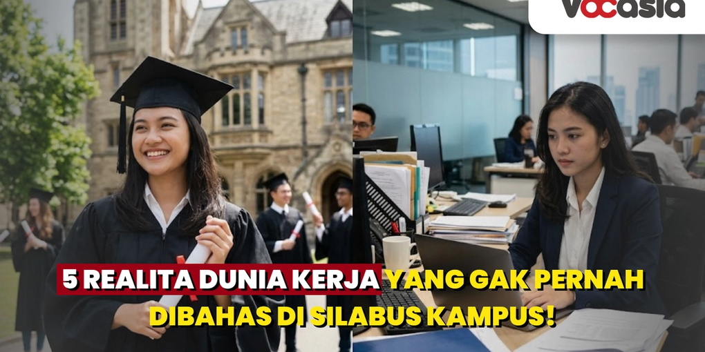 Perbandingan ekspektasi saat wisuda bahagia di kampus dengan realita dunia kerja fresh graduate yang serius menatap laptop di kantor.