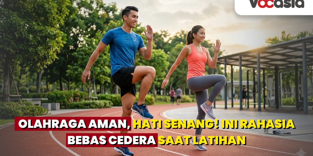 Pria dan wanita melakukan gerakan pemanasan dinamis di lintasan lari sebagai langkah penting olahraga aman untuk mencegah cedera.