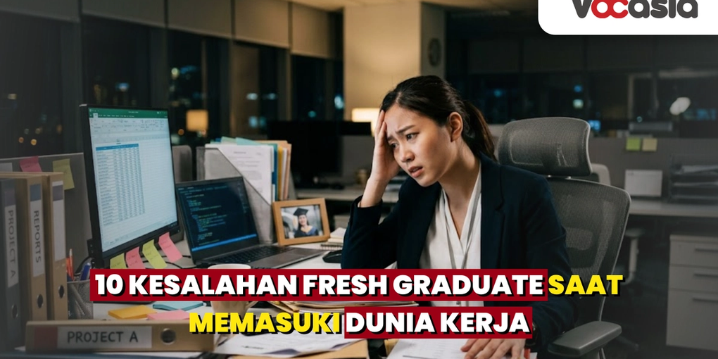 Seorang fresh graduate wanita terlihat stres dan kebingungan menghadapi tumpukan pekerjaan di meja kantor.