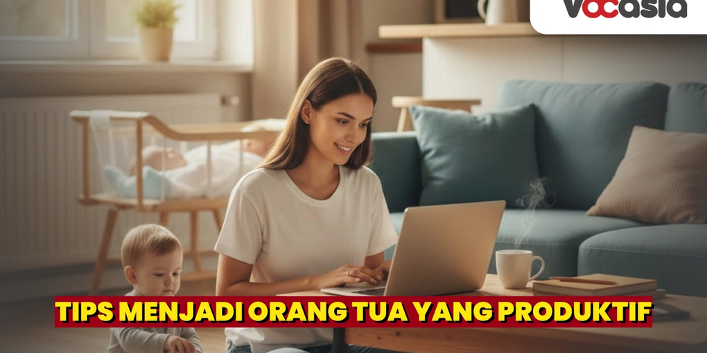 Ibu produktif yang sedang bekerja dengan laptop di rumah sambil menemani anaknya bermain.