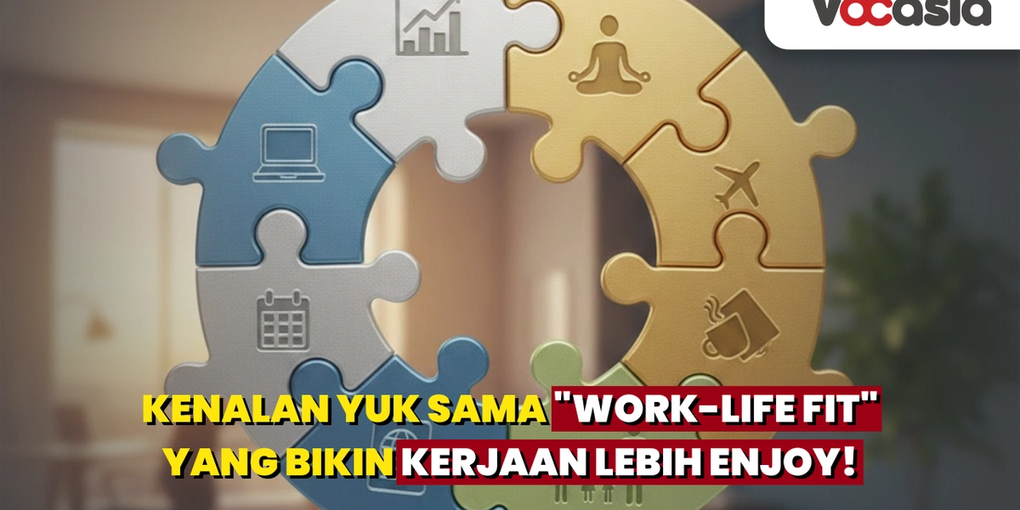 Ilustrasi 3D konsep Work-Life Fit berupa puzzle yang menyatukan elemen pekerjaan dan kehidupan pribadi secara harmonis untuk karyawan.