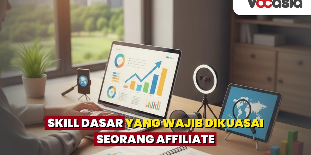 Ilustrasi affiliate marketer bekerja dari rumah menggunakan laptop, ring light, dan alat analisis data untuk bisnis online.