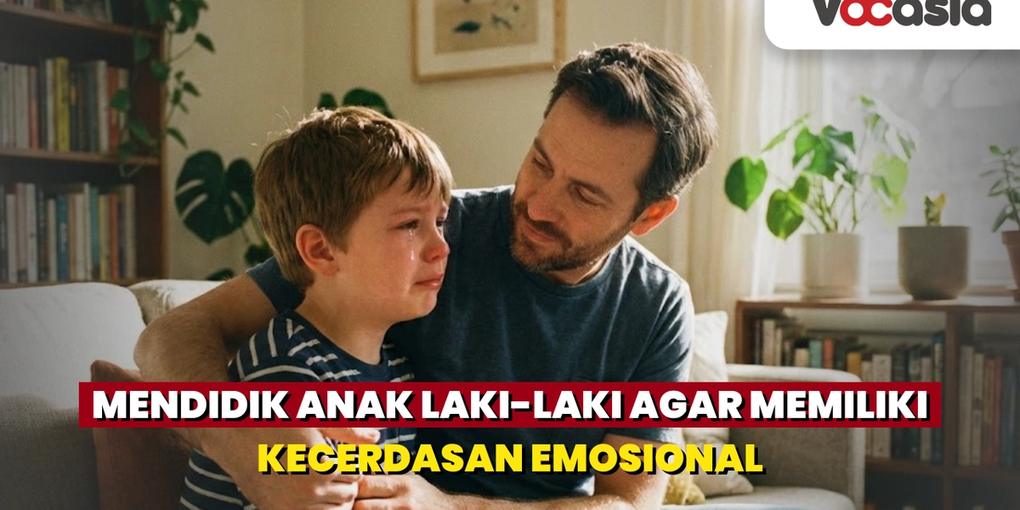 Ayah menenangkan anak laki-laki yang menangis sebagai bentuk dukungan kecerdasan emosional.